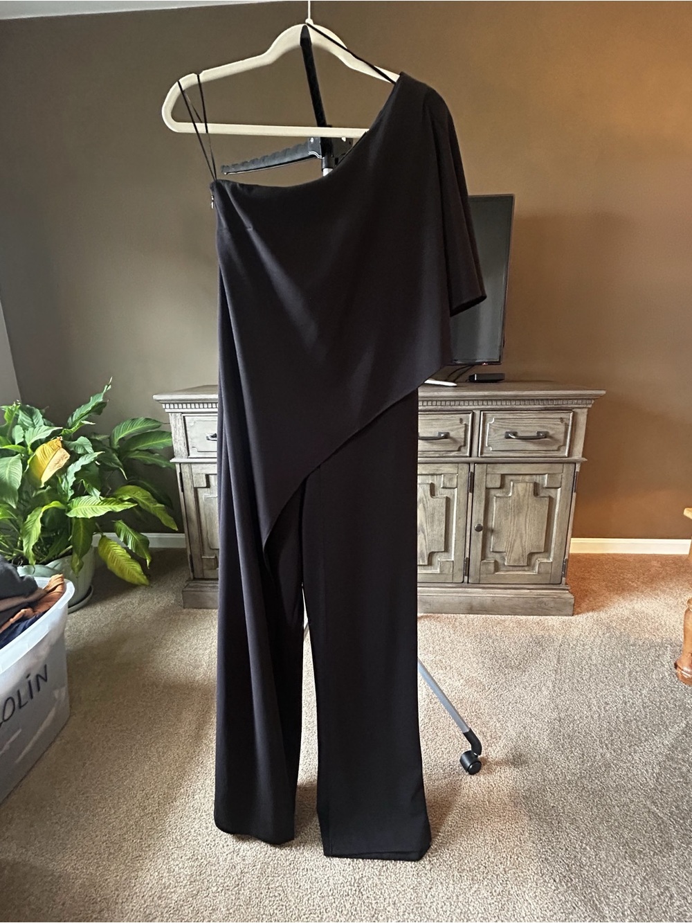 Adrianna Papell Black One-Shoulder Draped Wide-Leg Jumpsuit